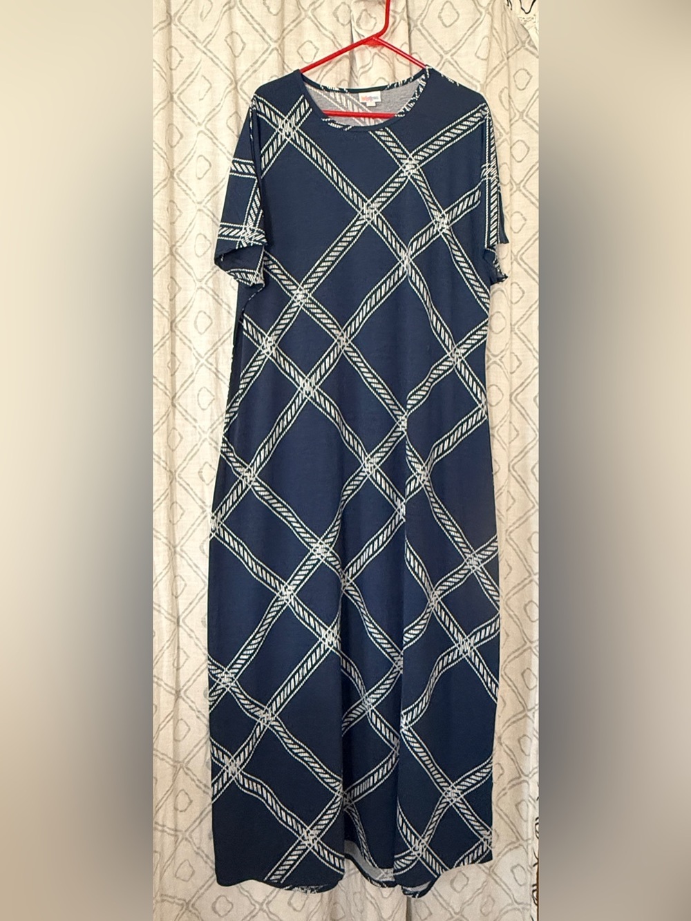 LuLaRoe Maria  Navy Blue Maxi Dress with White Rope Grid Print